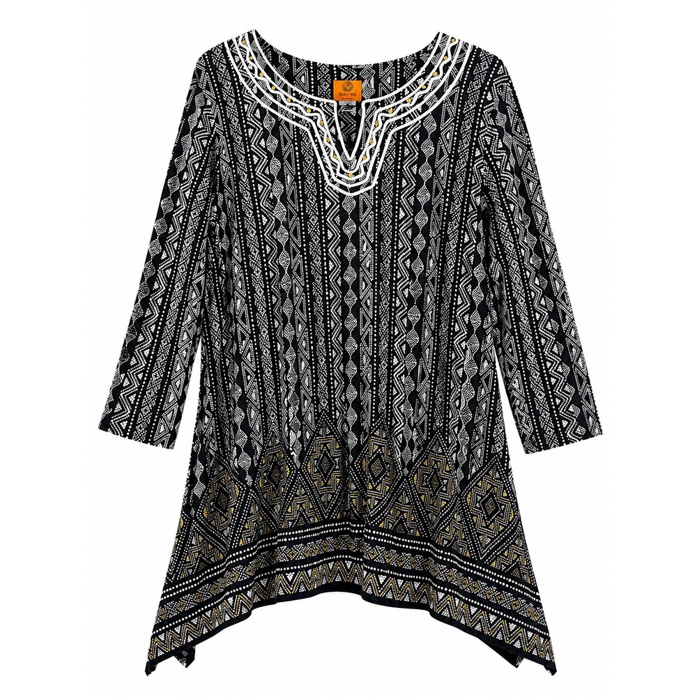 Ruby Rd Woman 2X Black Geometric Tribal‎ Print Sharkbite Tunic 3/4 Sleeve 23259